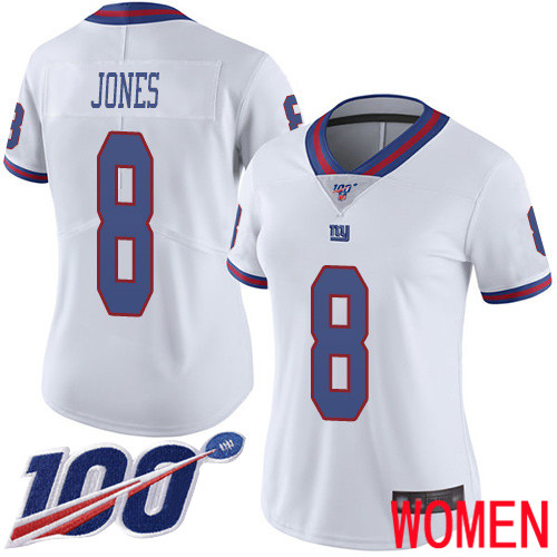 Women New York Giants #8 Daniel Jones Limited White Rush Vapor Untouchable 100th Season Football NFL Jersey